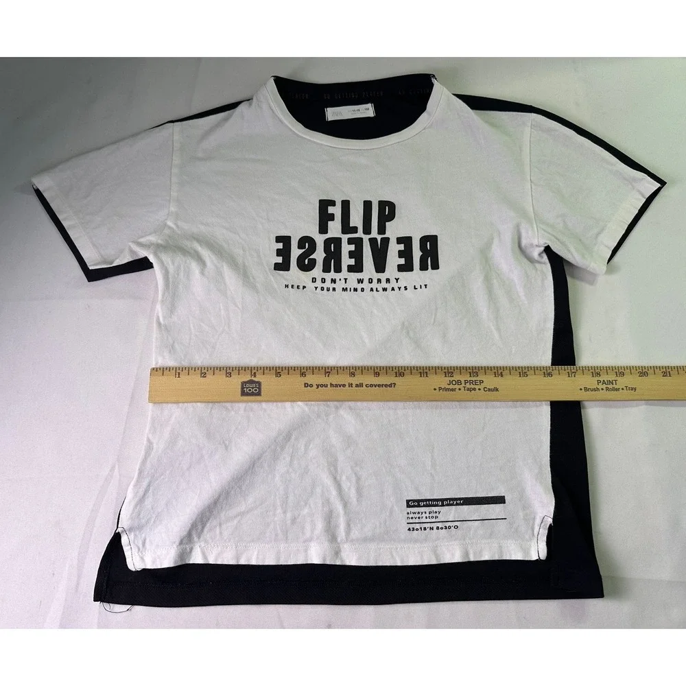 Zara Boys Size 11-12 Flip Reverse Graphic T-Shirt White Black Keep Active Sporty